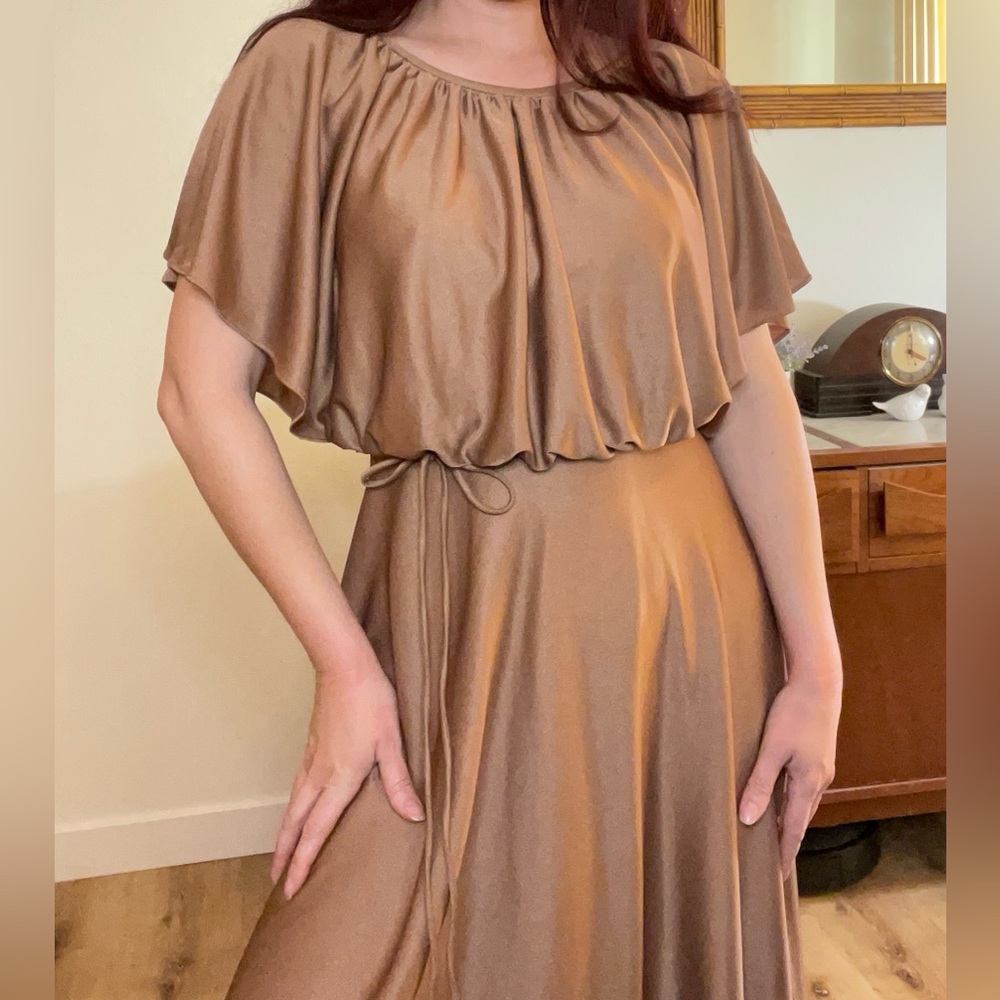 🍁 Fall 1970’s vintage bronze maxi angelic disco Fairy Dress S small petite 70’s - Picture 5 of 7
